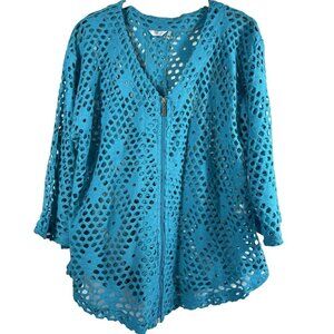 Kaktus Top Cover Up Medium Blue Full Zip Crochet Open Boho 3/4 Sleeve Sheer Knit